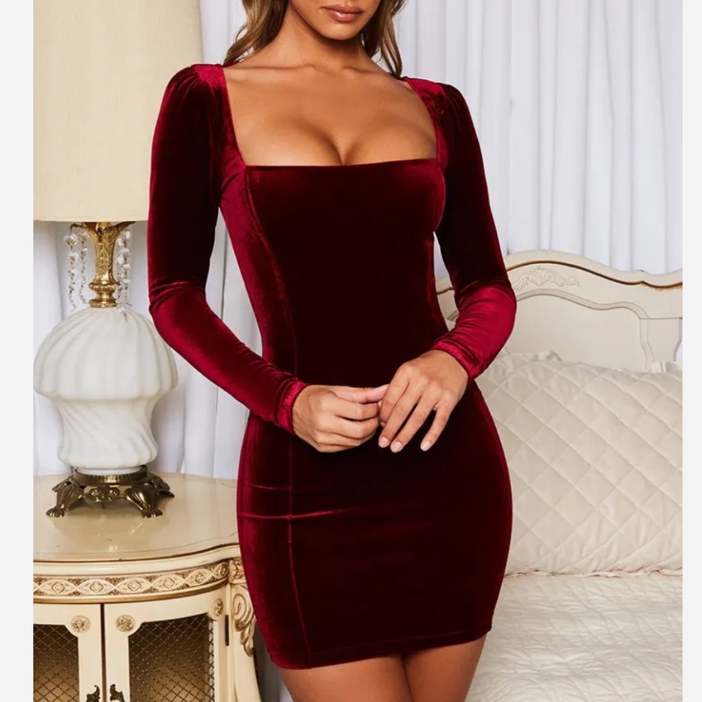 Oh Polly Burgundy Velvet Long Sleeve Mini Dress